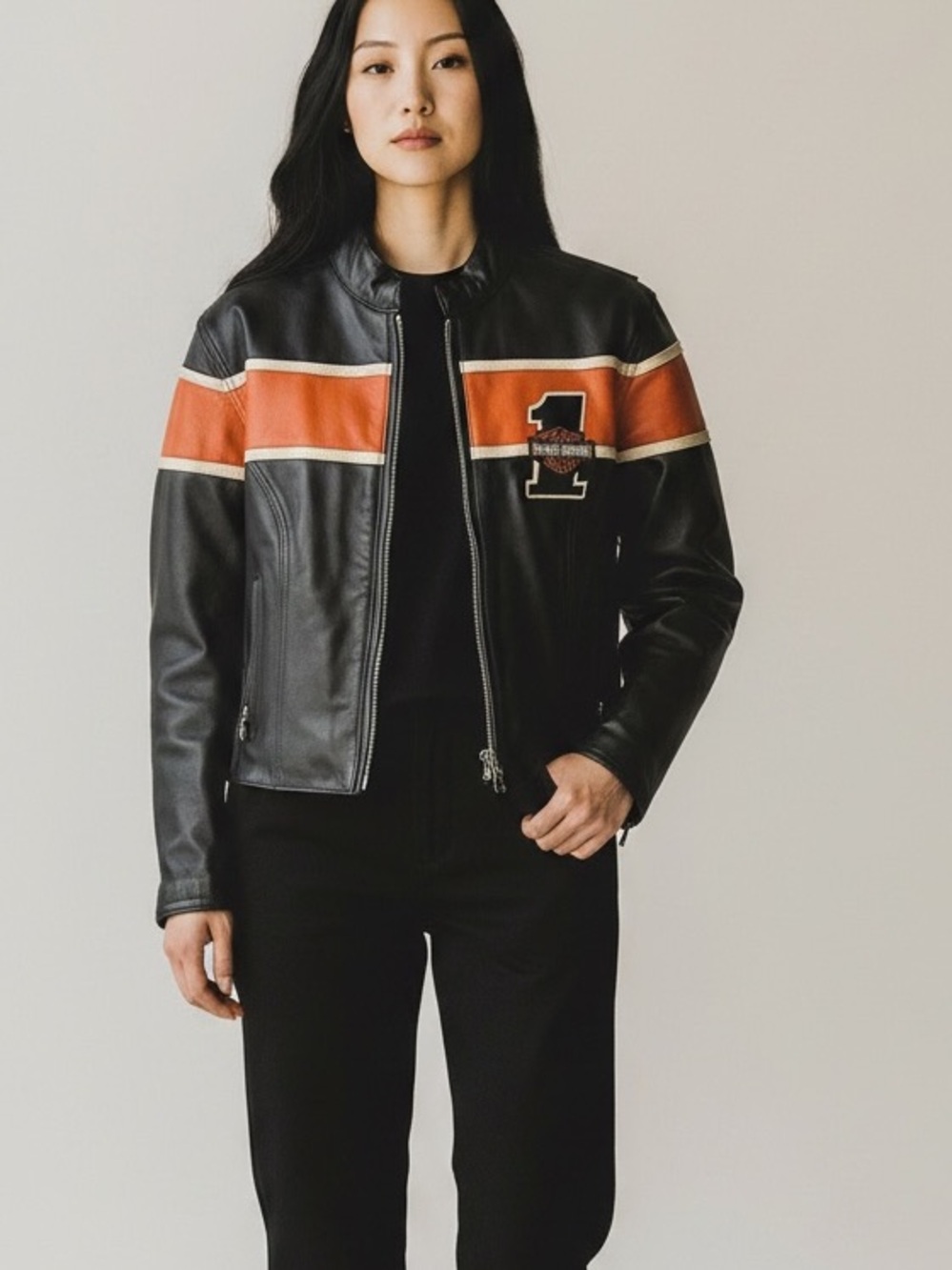 Harley Davidson Womens VICTORY LANE Leather Jacket Orange Stripe Size Small - Picture 9 of 9